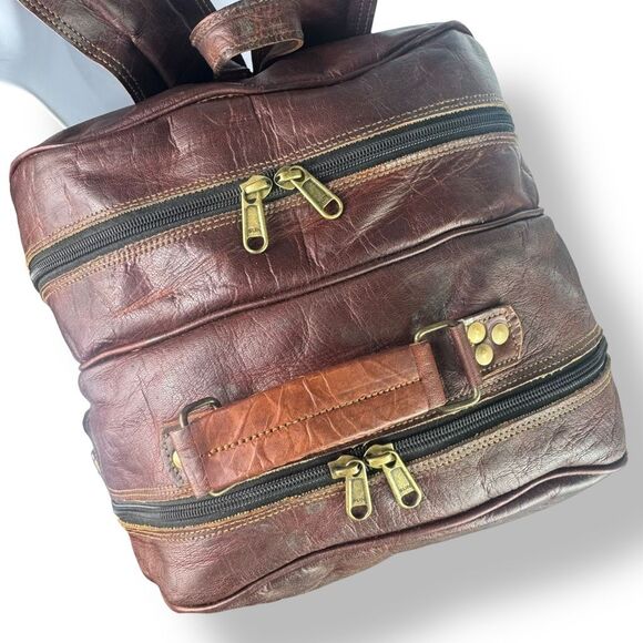 Vintage Distressed Handmade Rugged Rustic Brown Buffalo Leather Backpack Bag - Picture 8 of 11